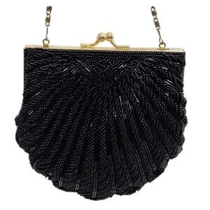 VTG BLACK HAND BEADED EVENING PURSE BAD CLUTCH CLAM SHELL DATE WEDDING PROM GOLD